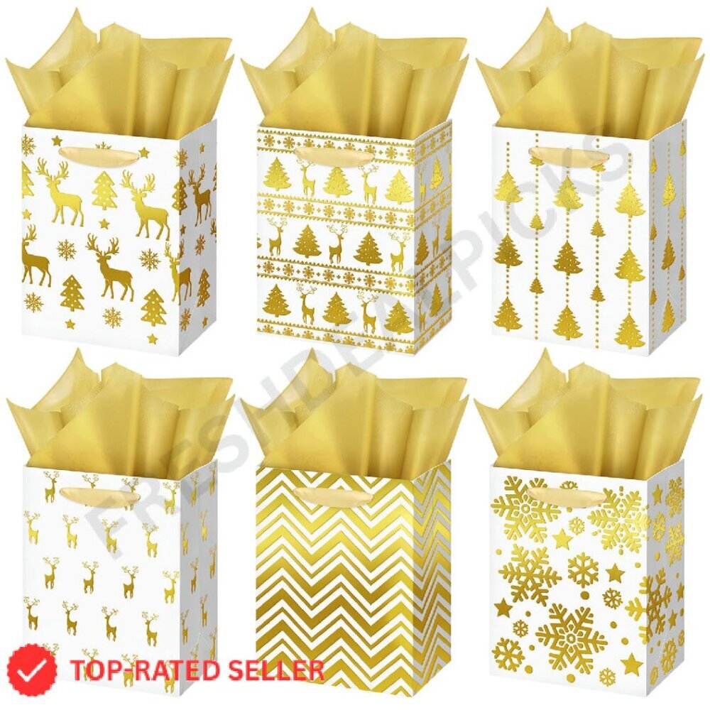 Christmas Gift Bags Bulk Set Elegant Foil Gold Winter Holiday Party Supplies